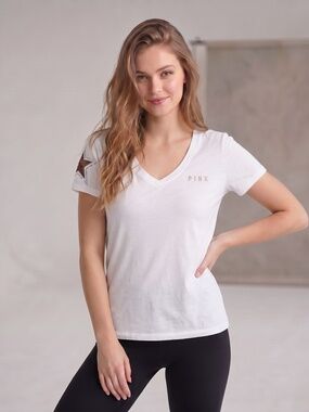 PINK by Victoria's Secret V Neck Short Sleeve Tee Gold Sequin Star Gold Logo XS